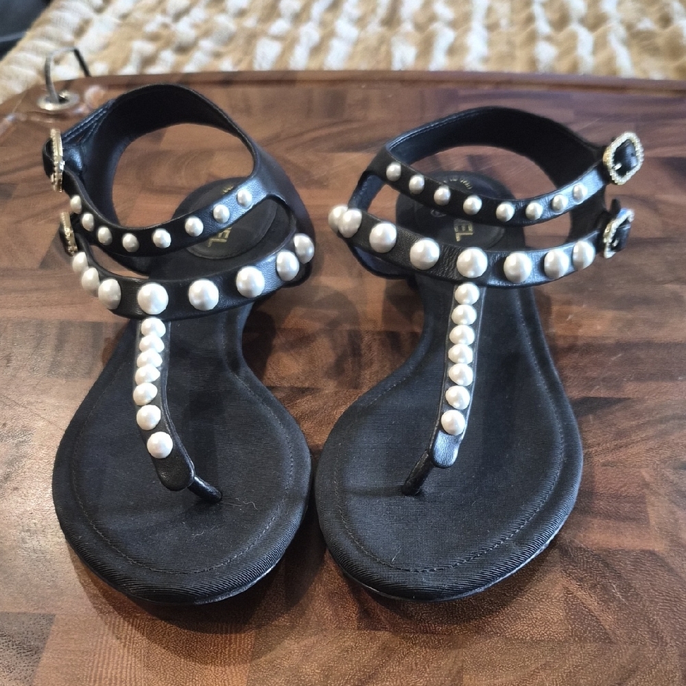 CHANEL Black Pearl-Trim T-Strap Sandals